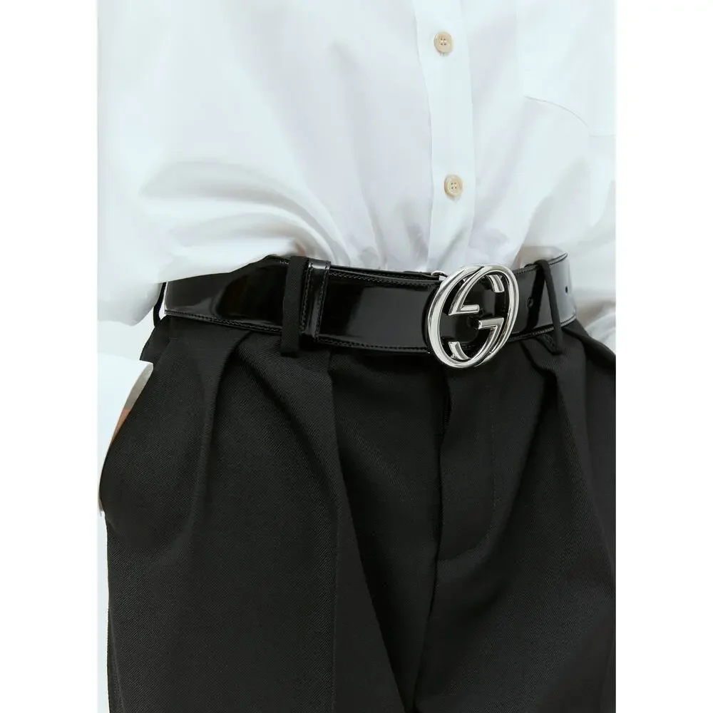 Gucci Interlocking G Brushed Leather Wide Belt Black Silver Buckle Size 80